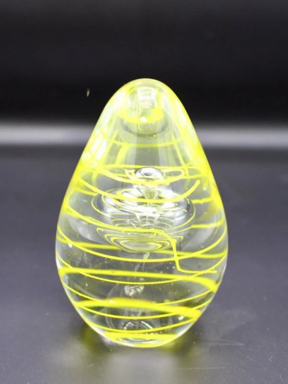 Egg-Shaped Art Glass Paperweight with Yellow Swirl